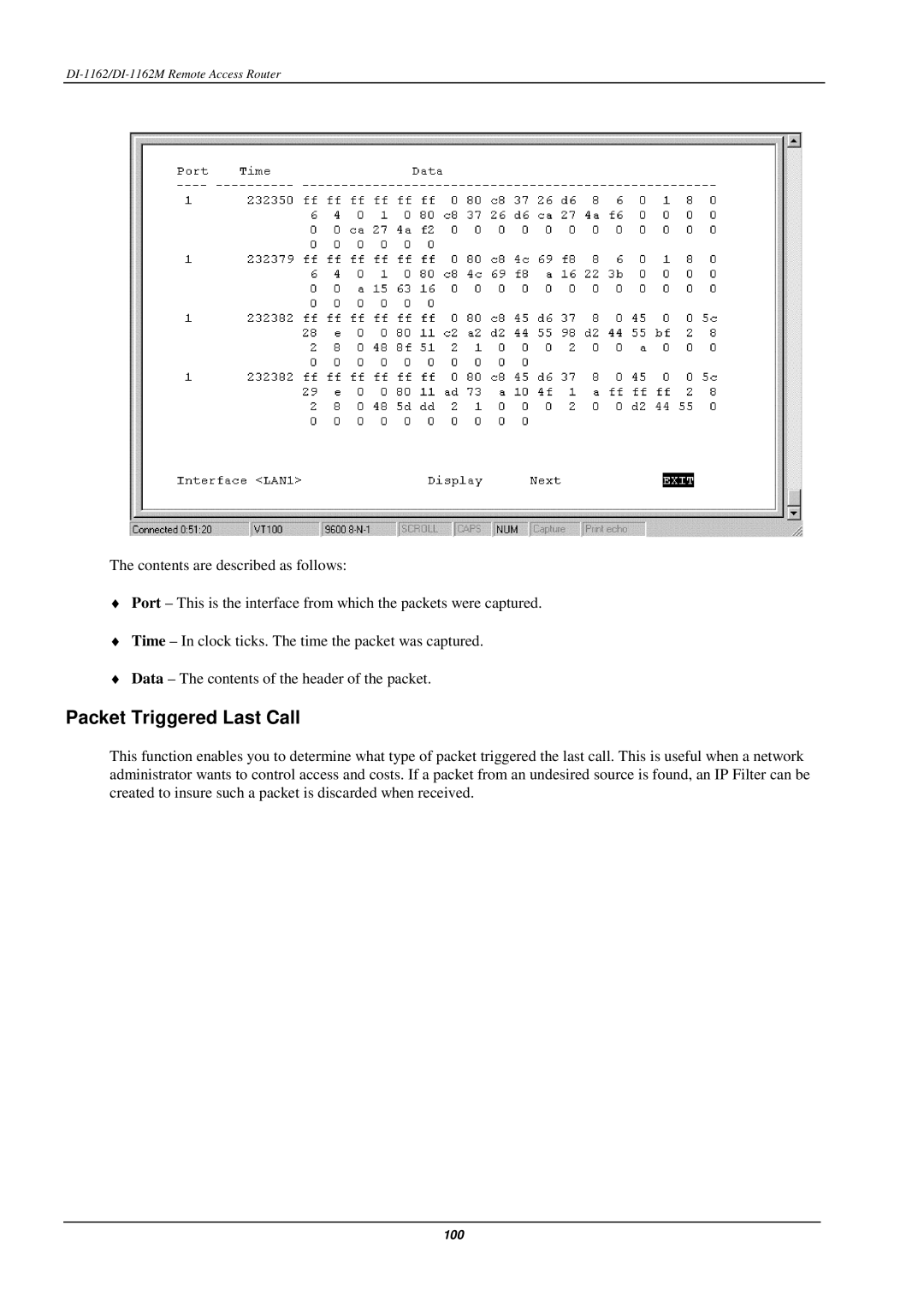 D-Link DI-1162M manual Packet Triggered Last Call 