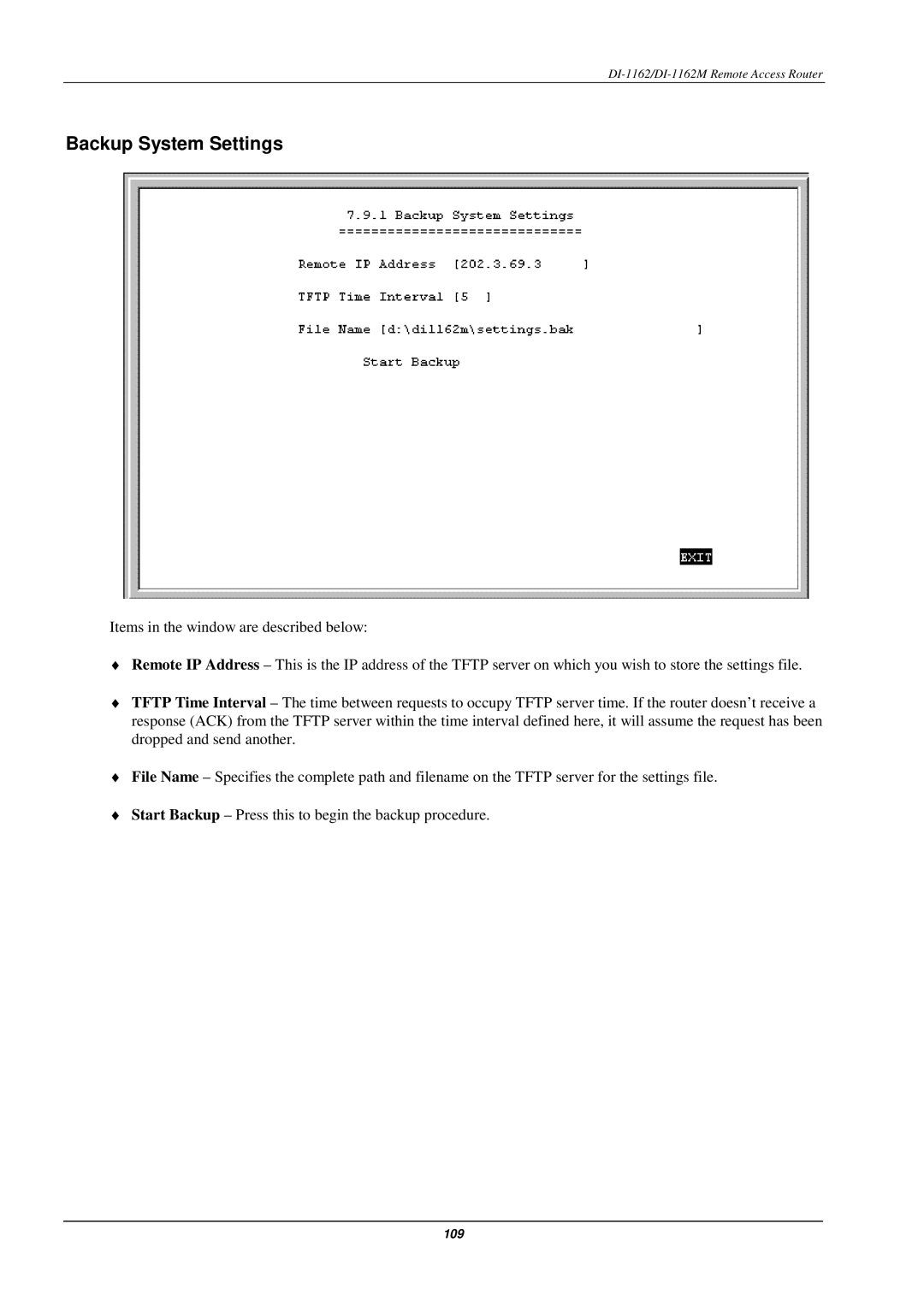 D-Link DI-1162M manual Backup System Settings 