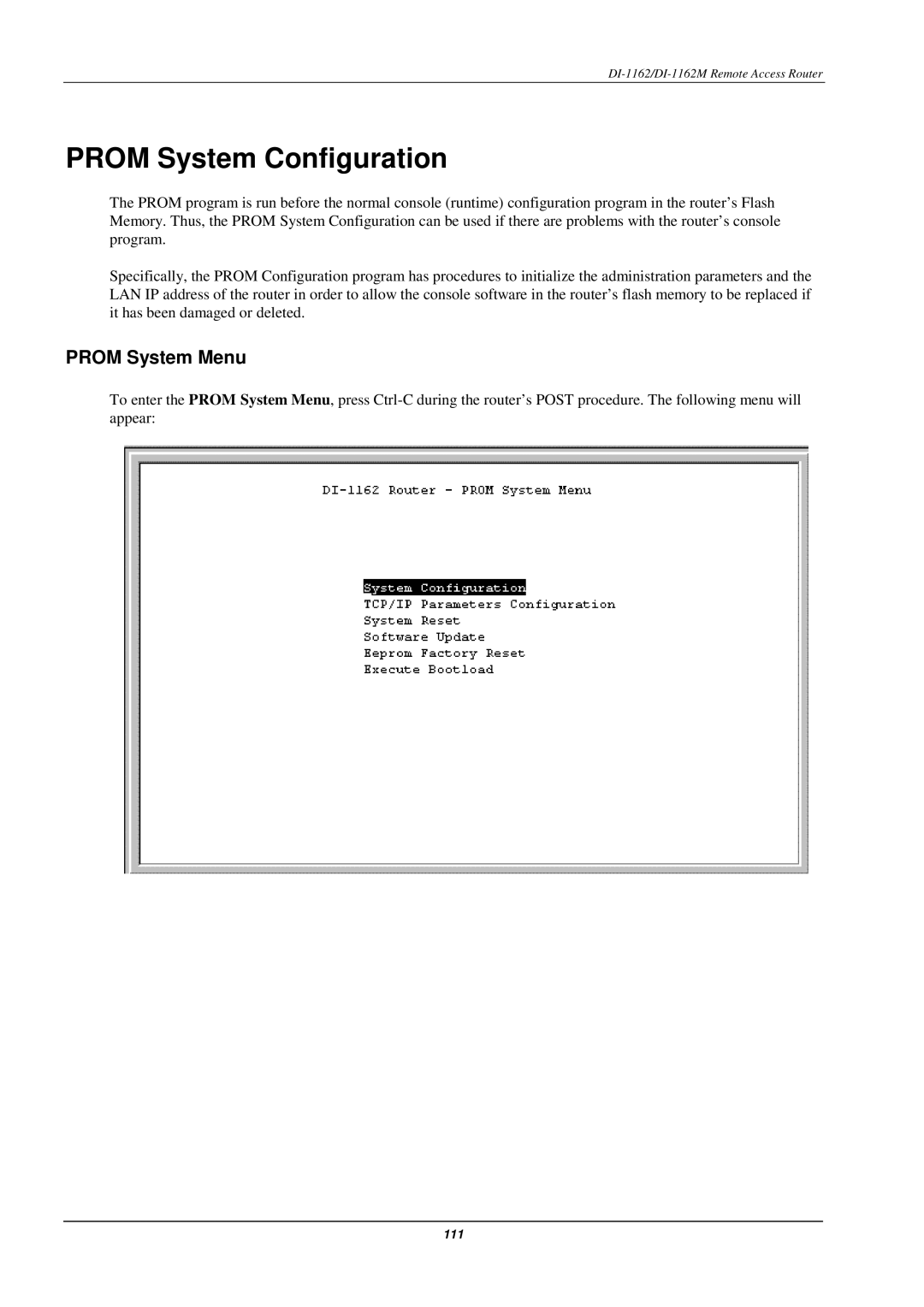 D-Link DI-1162M manual Prom System Configuration, Prom System Menu 