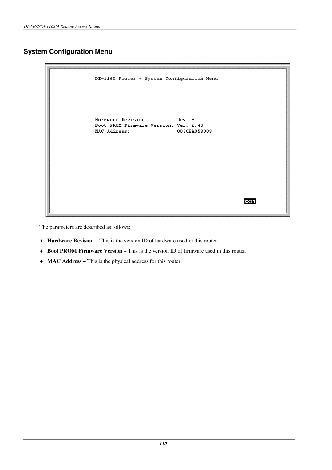 D-Link DI-1162M manual System Configuration Menu 