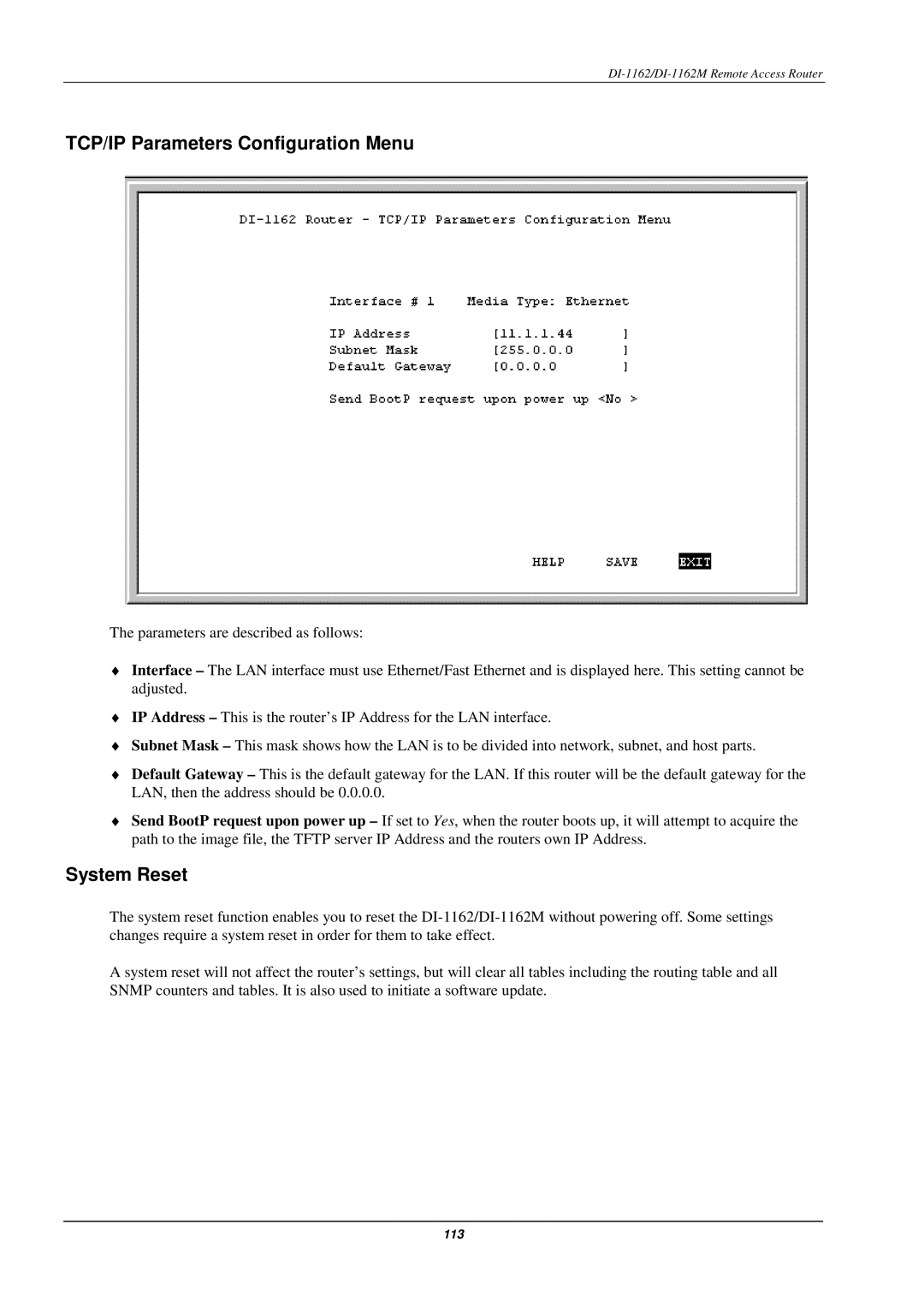 D-Link DI-1162M manual TCP/IP Parameters Configuration Menu, System Reset 