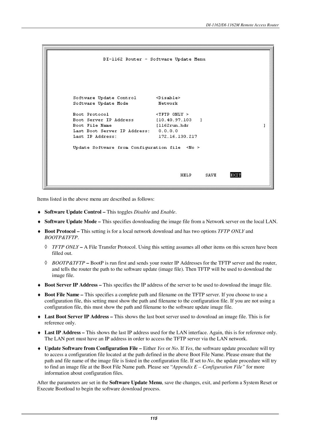 D-Link DI-1162M manual Software Update Control This toggles Disable and Enable 