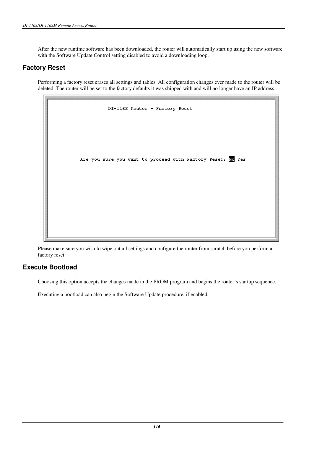 D-Link DI-1162M manual Factory Reset, Execute Bootload 