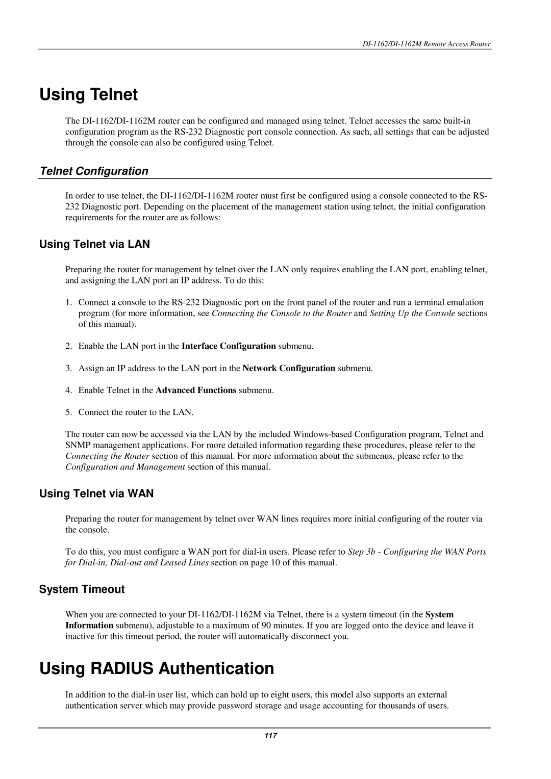 D-Link DI-1162M manual Using Telnet, Using Radius Authentication, Telnet Configuration 