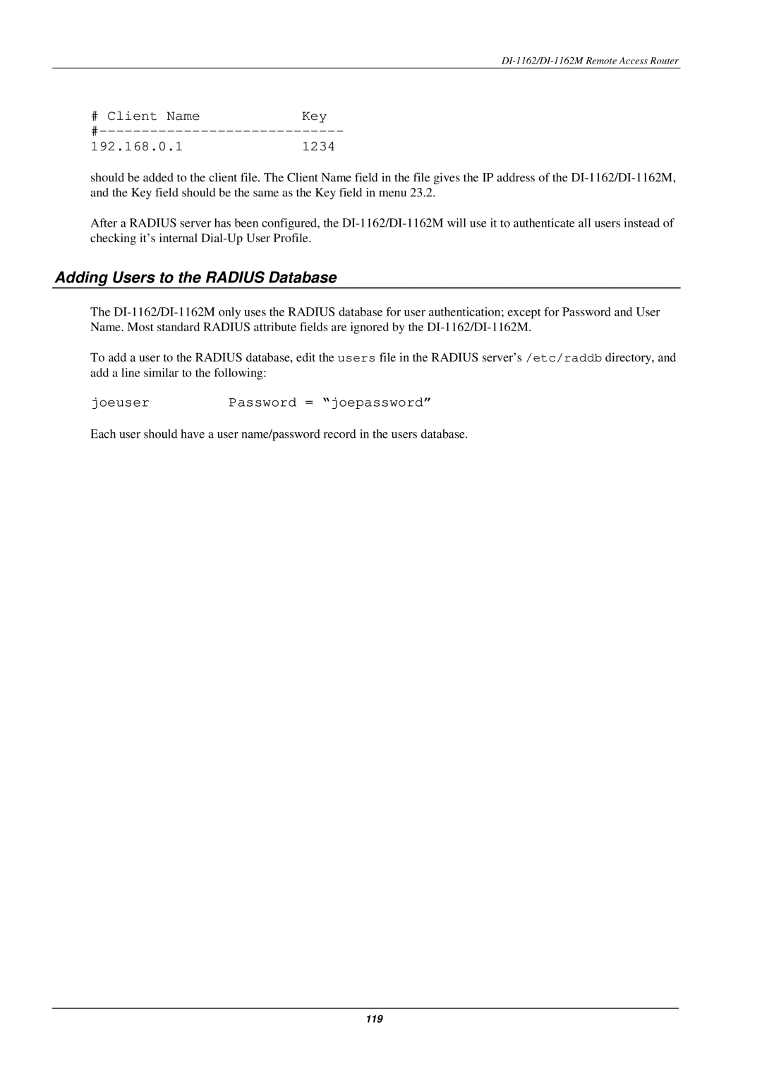 D-Link DI-1162M manual Adding Users to the Radius Database, # Client Name Key 192.168.0.1 