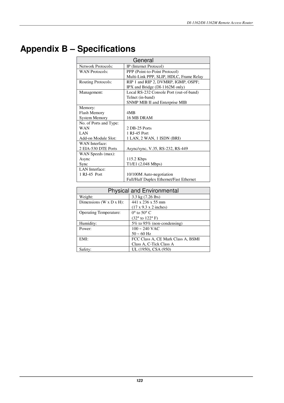 D-Link DI-1162M manual Appendix B Specifications, General 