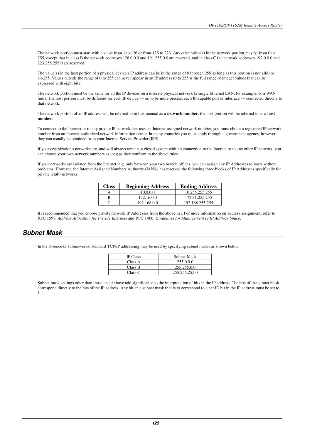 D-Link DI-1162M manual Subnet Mask 