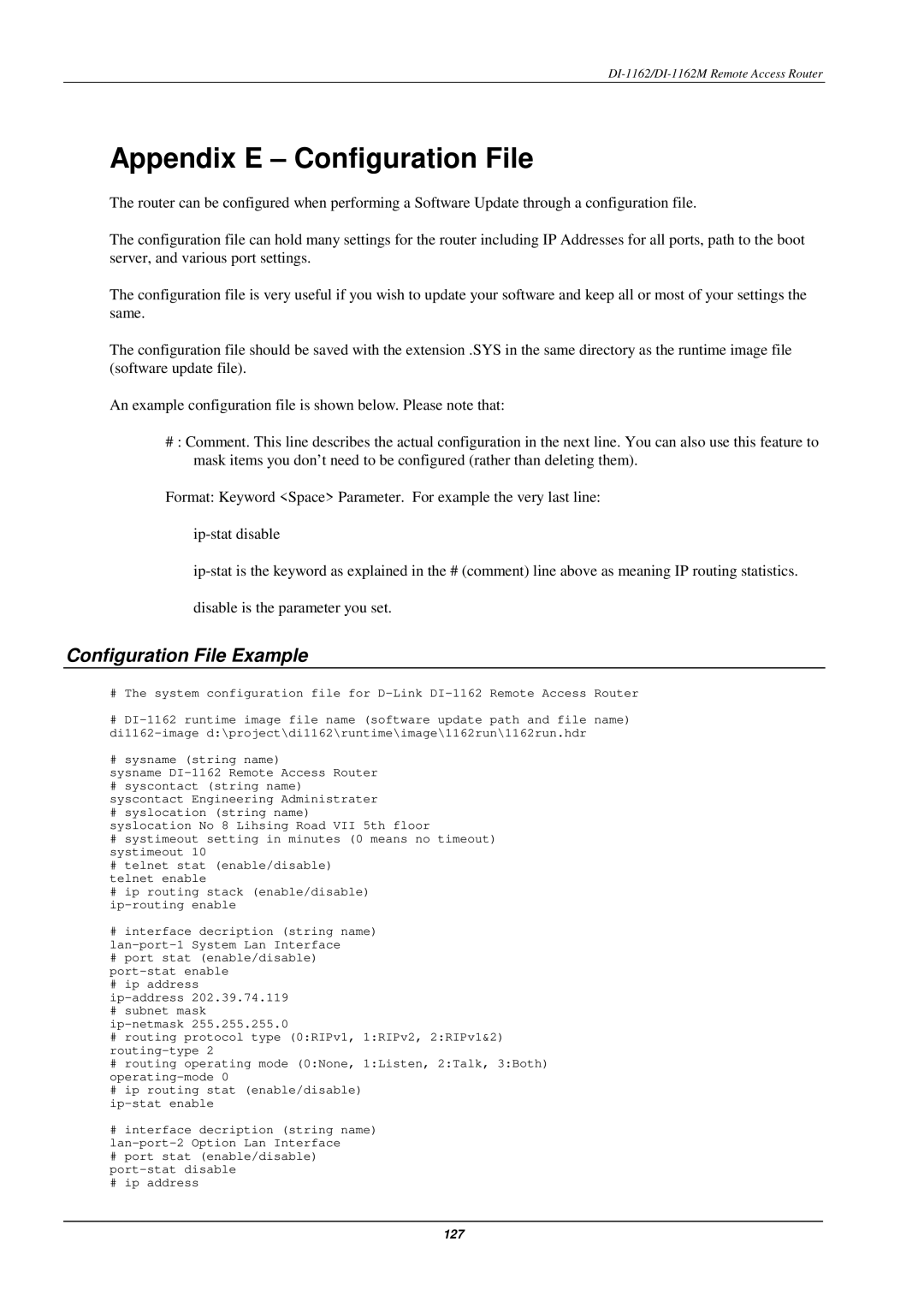 D-Link DI-1162M manual Appendix E Configuration File, Configuration File Example 