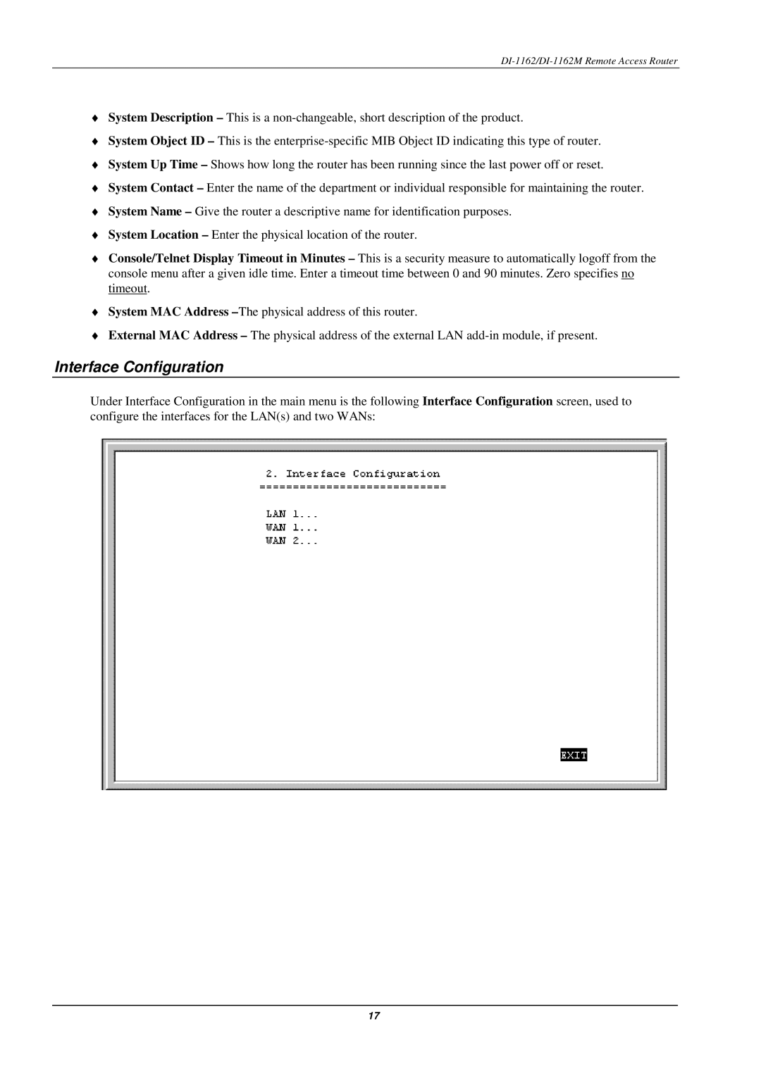 D-Link DI-1162M manual Interface Configuration 