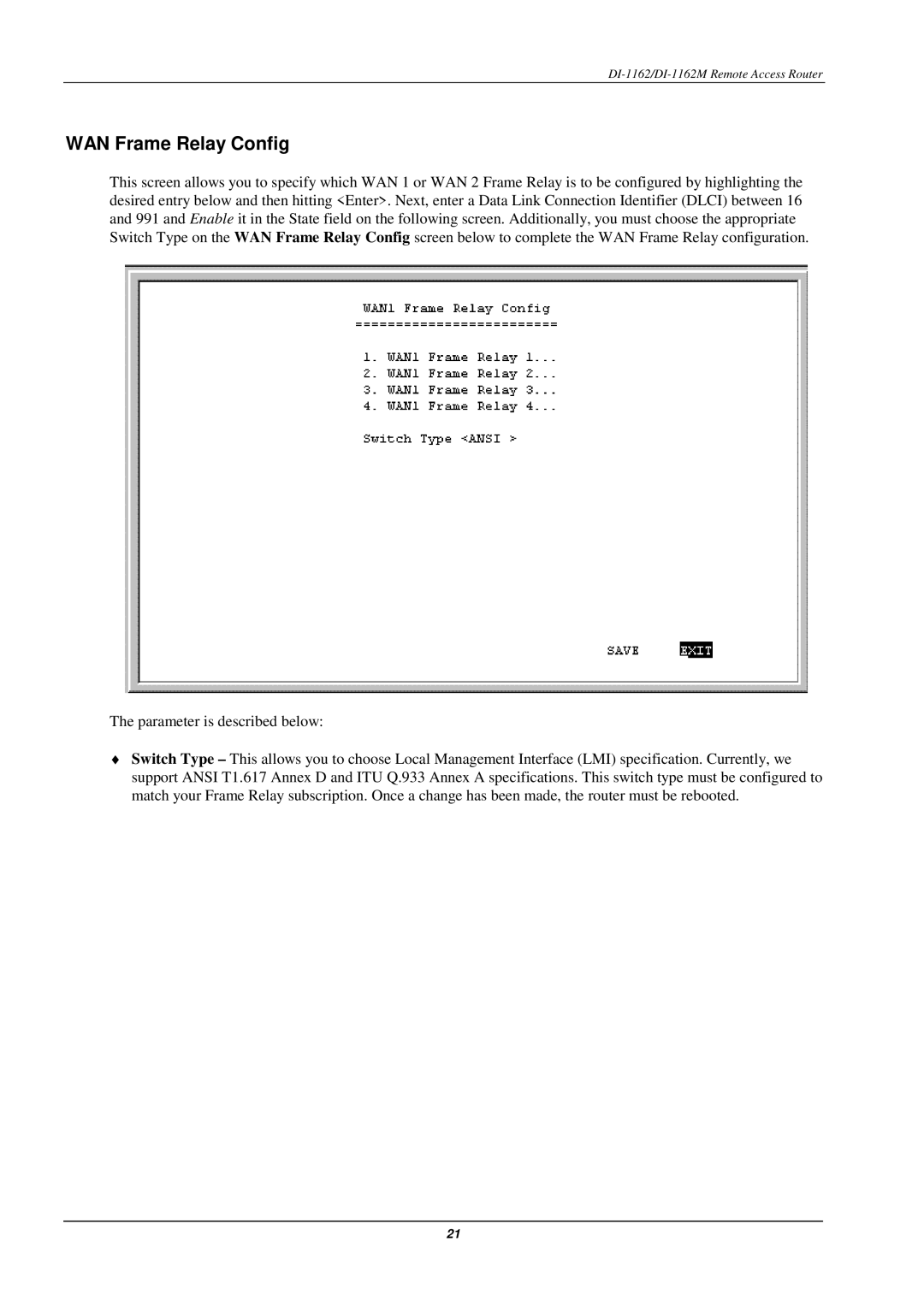 D-Link DI-1162M manual WAN Frame Relay Config 