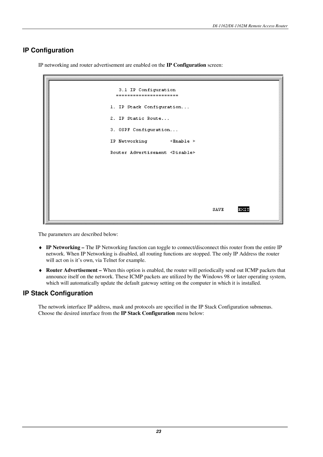 D-Link DI-1162M manual IP Configuration, IP Stack Configuration 