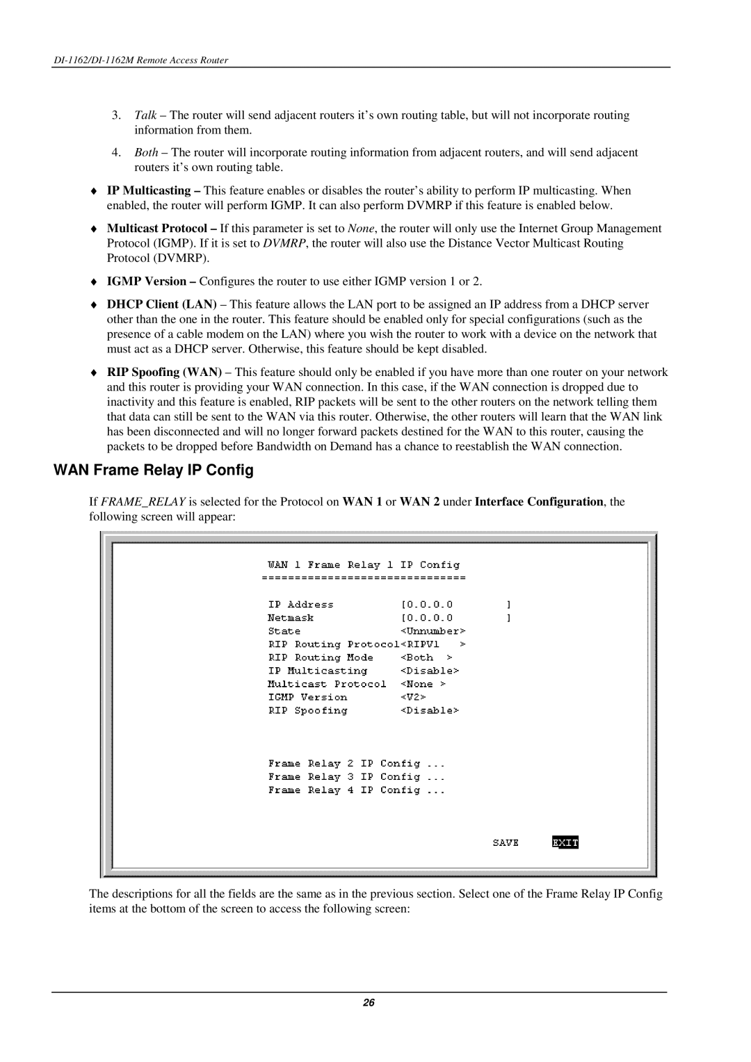 D-Link DI-1162M manual WAN Frame Relay IP Config 