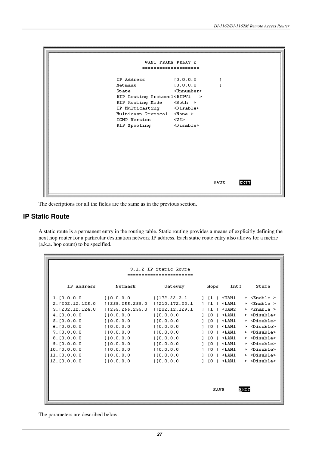 D-Link DI-1162M manual IP Static Route 