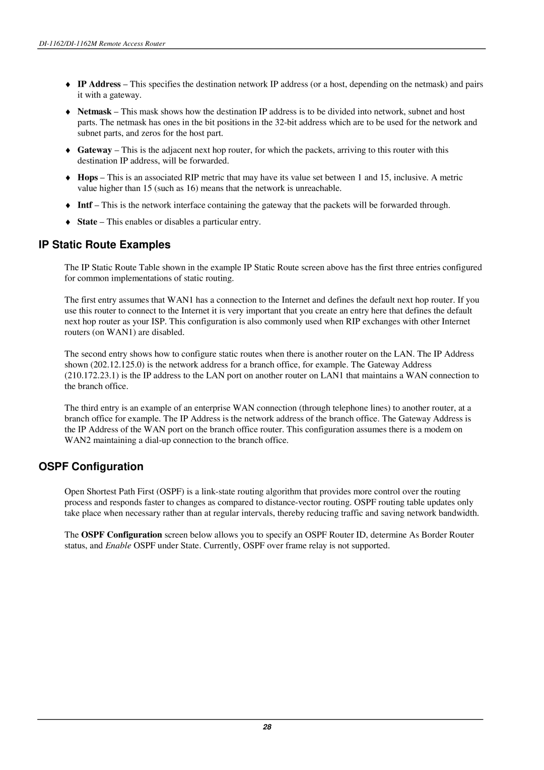 D-Link DI-1162M manual IP Static Route Examples, Ospf Configuration 