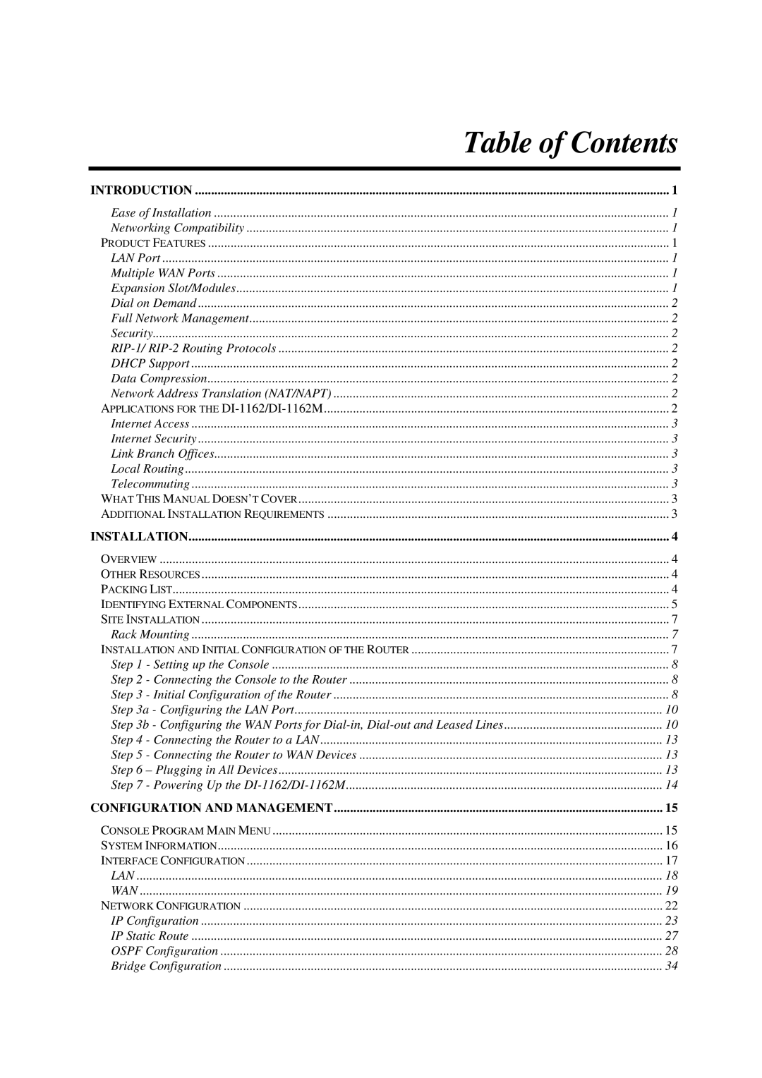 D-Link DI-1162M manual Table of Contents 