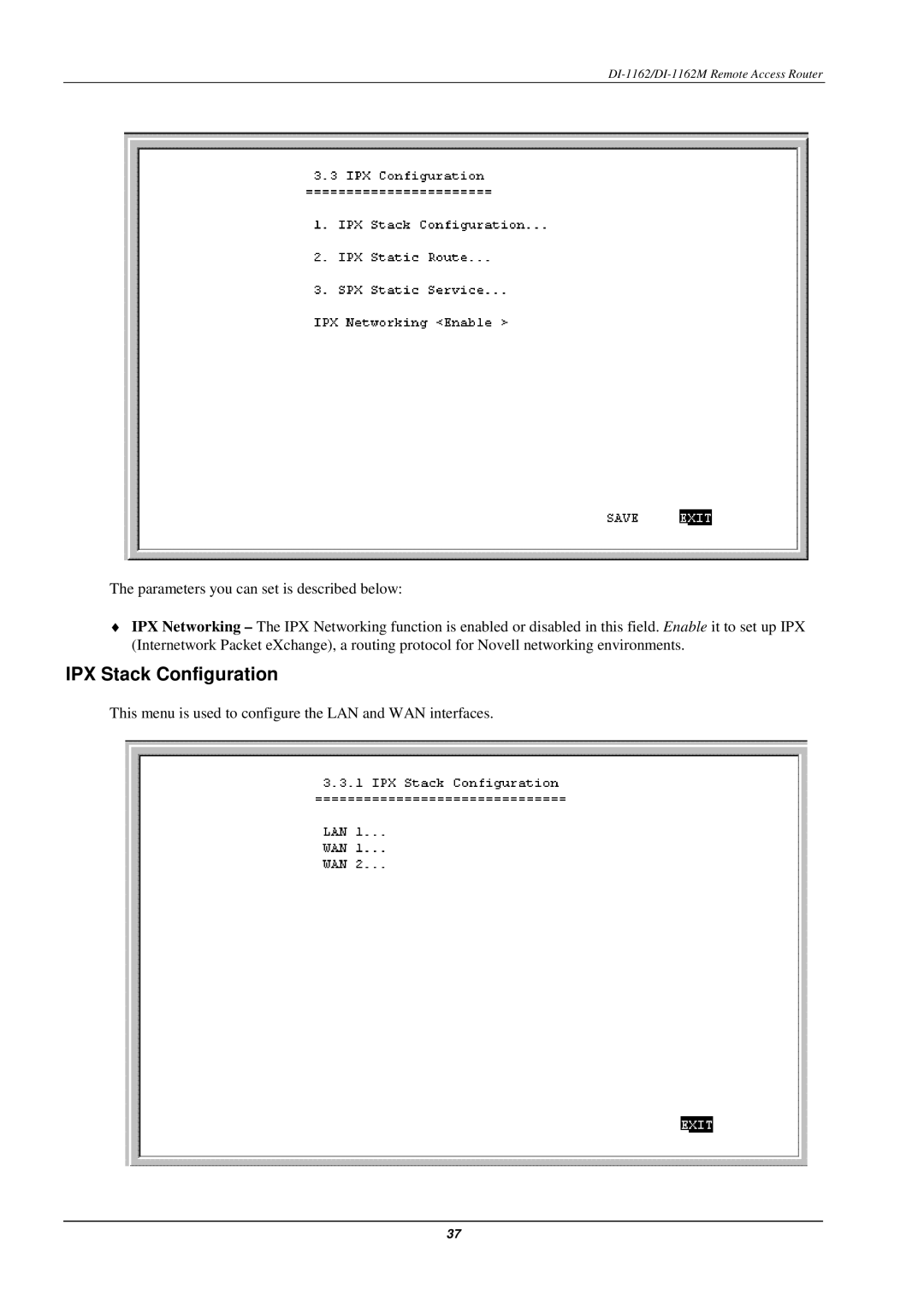 D-Link DI-1162M manual IPX Stack Configuration 