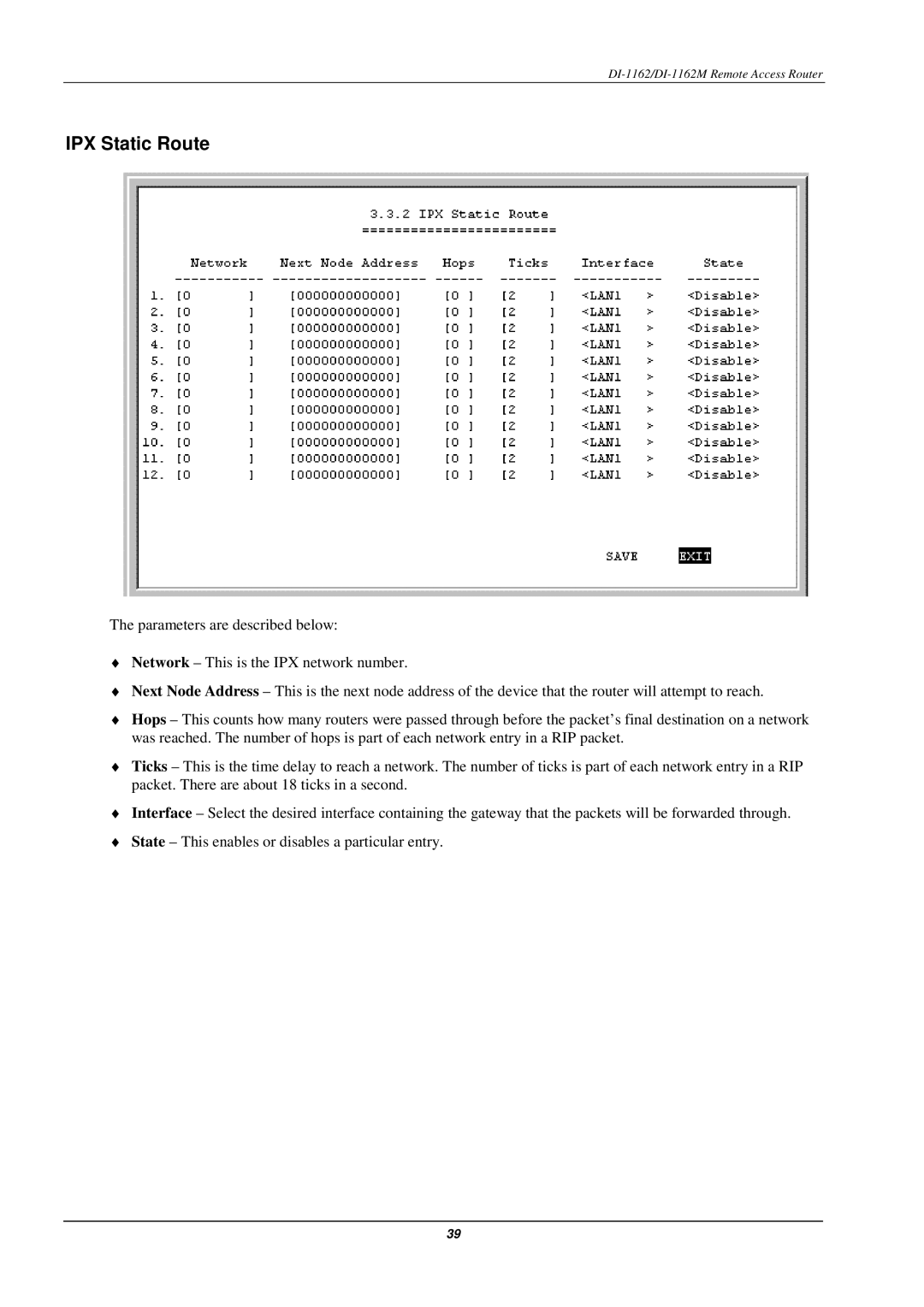 D-Link DI-1162M manual IPX Static Route 