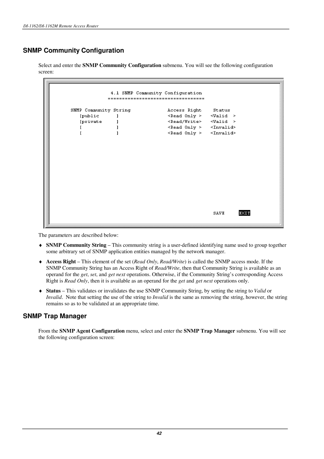 D-Link DI-1162M manual Snmp Community Configuration, Snmp Trap Manager 