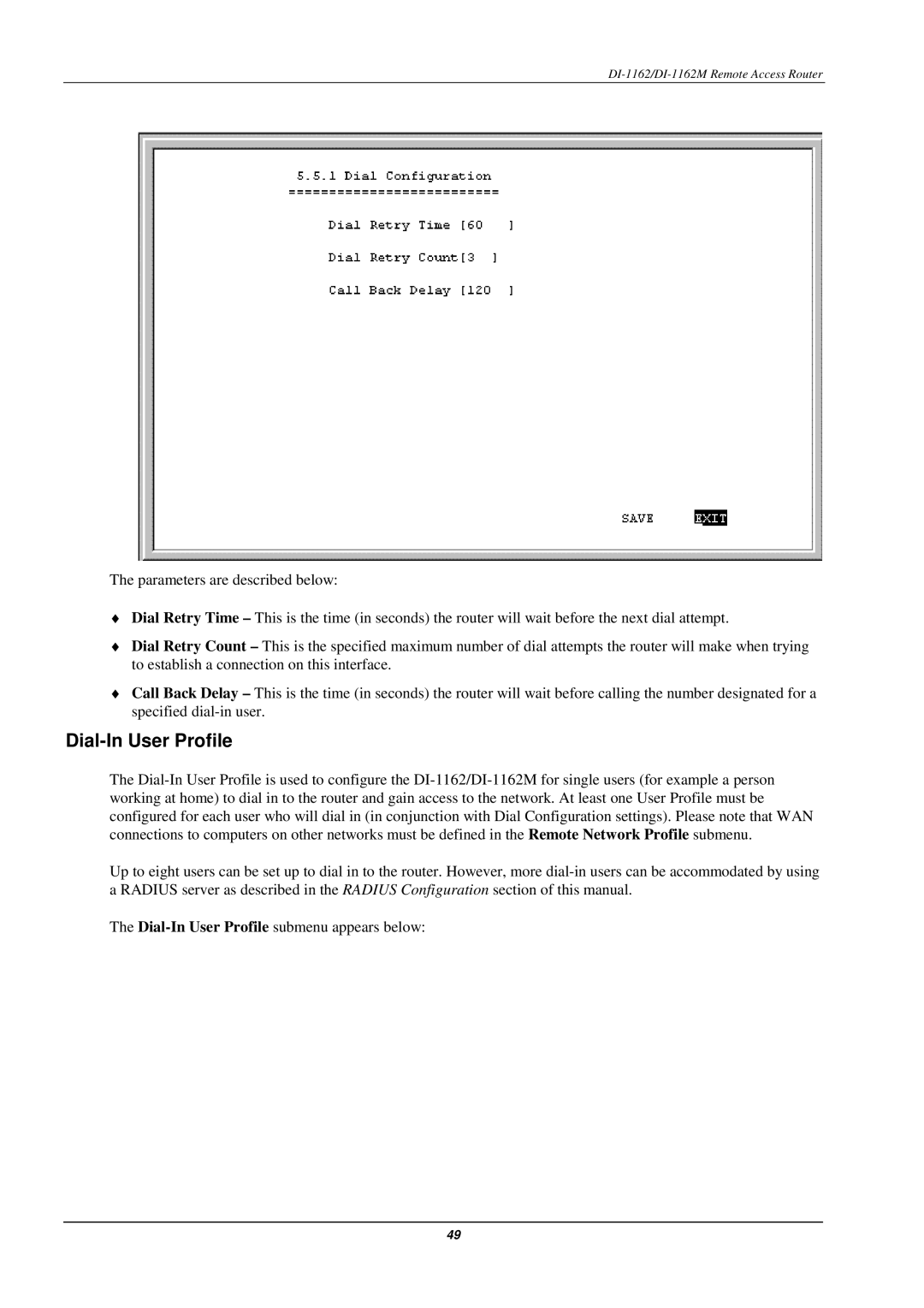 D-Link DI-1162M manual Dial-In User Profile 