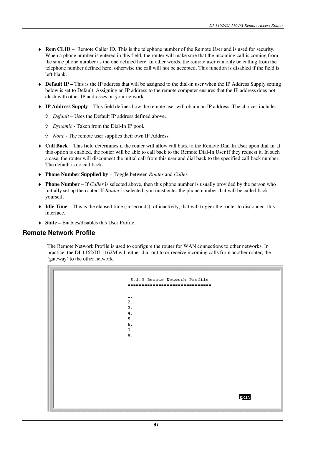 D-Link DI-1162M manual Remote Network Profile, Phone Number Supplied by Toggle between Router and Caller 