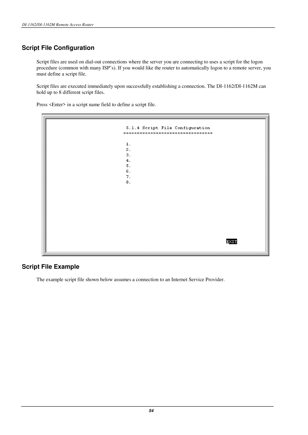 D-Link DI-1162M manual Script File Configuration, Script File Example 