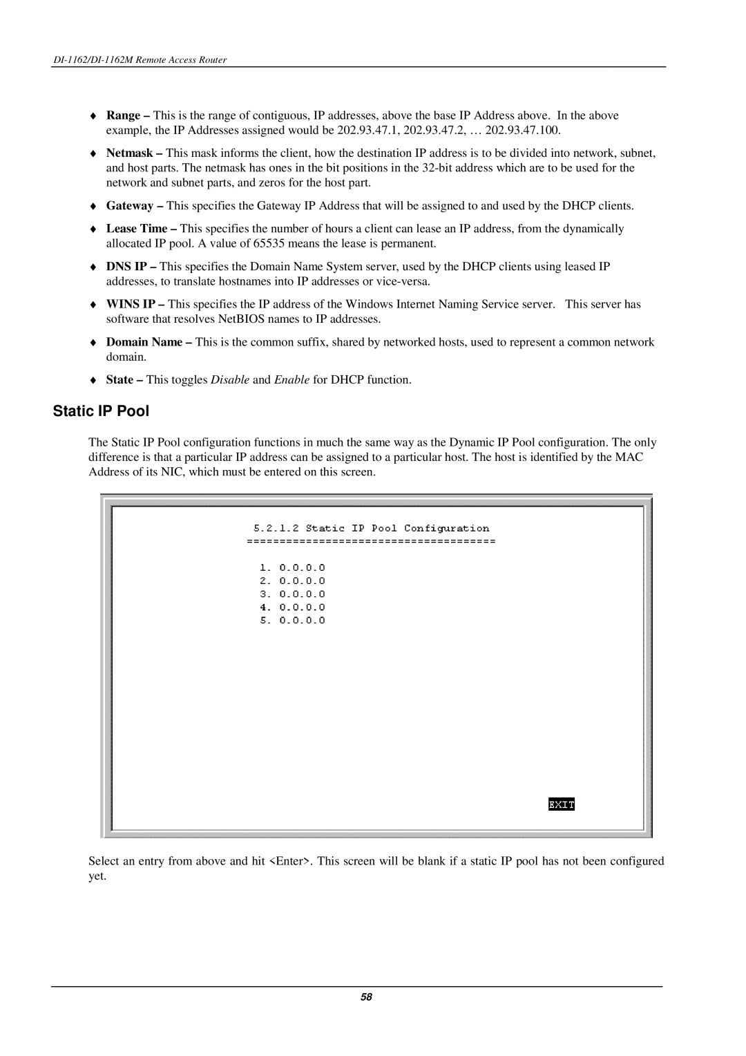 D-Link DI-1162M manual Static IP Pool 