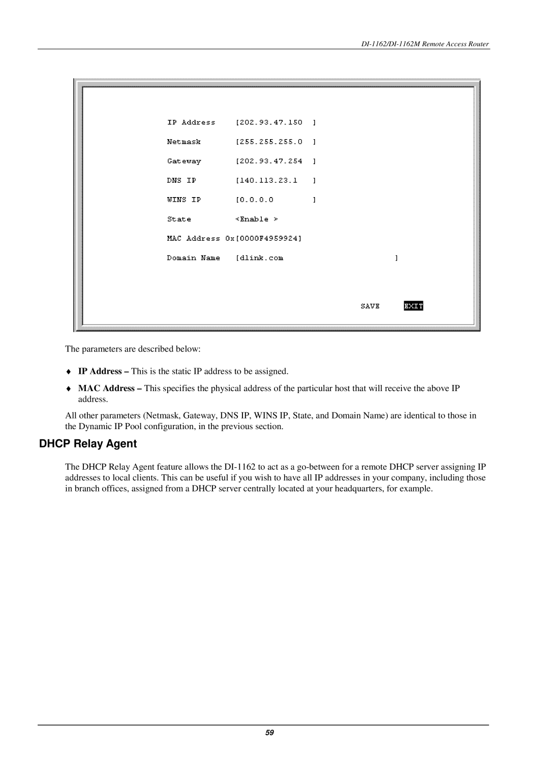 D-Link DI-1162M manual Dhcp Relay Agent 