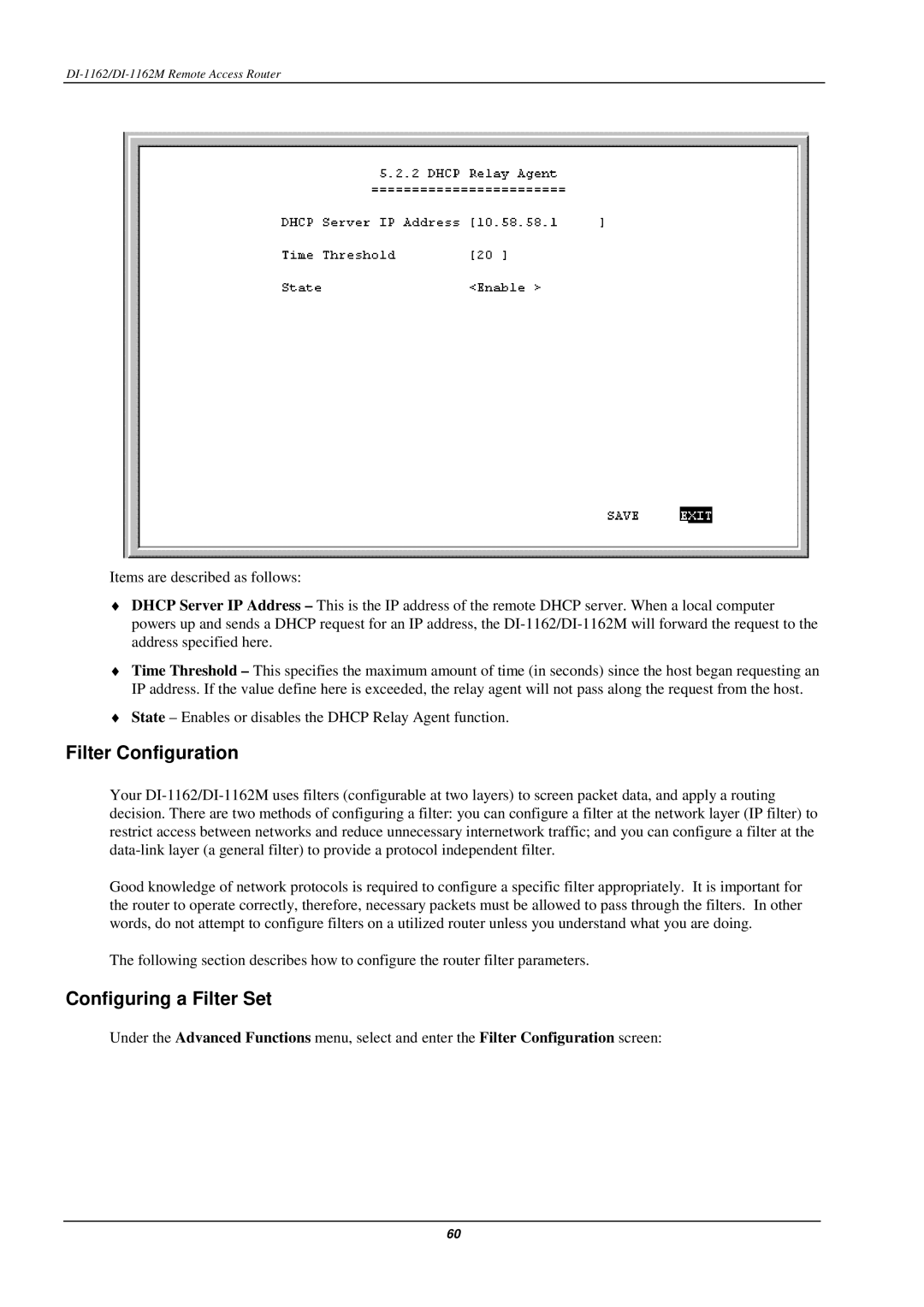 D-Link DI-1162M manual Filter Configuration, Configuring a Filter Set 