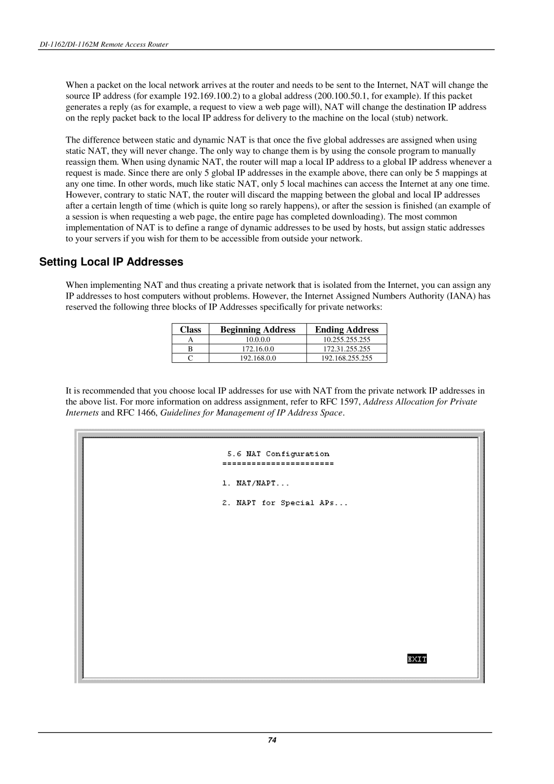 D-Link DI-1162M manual Setting Local IP Addresses, Class Beginning Address Ending Address 