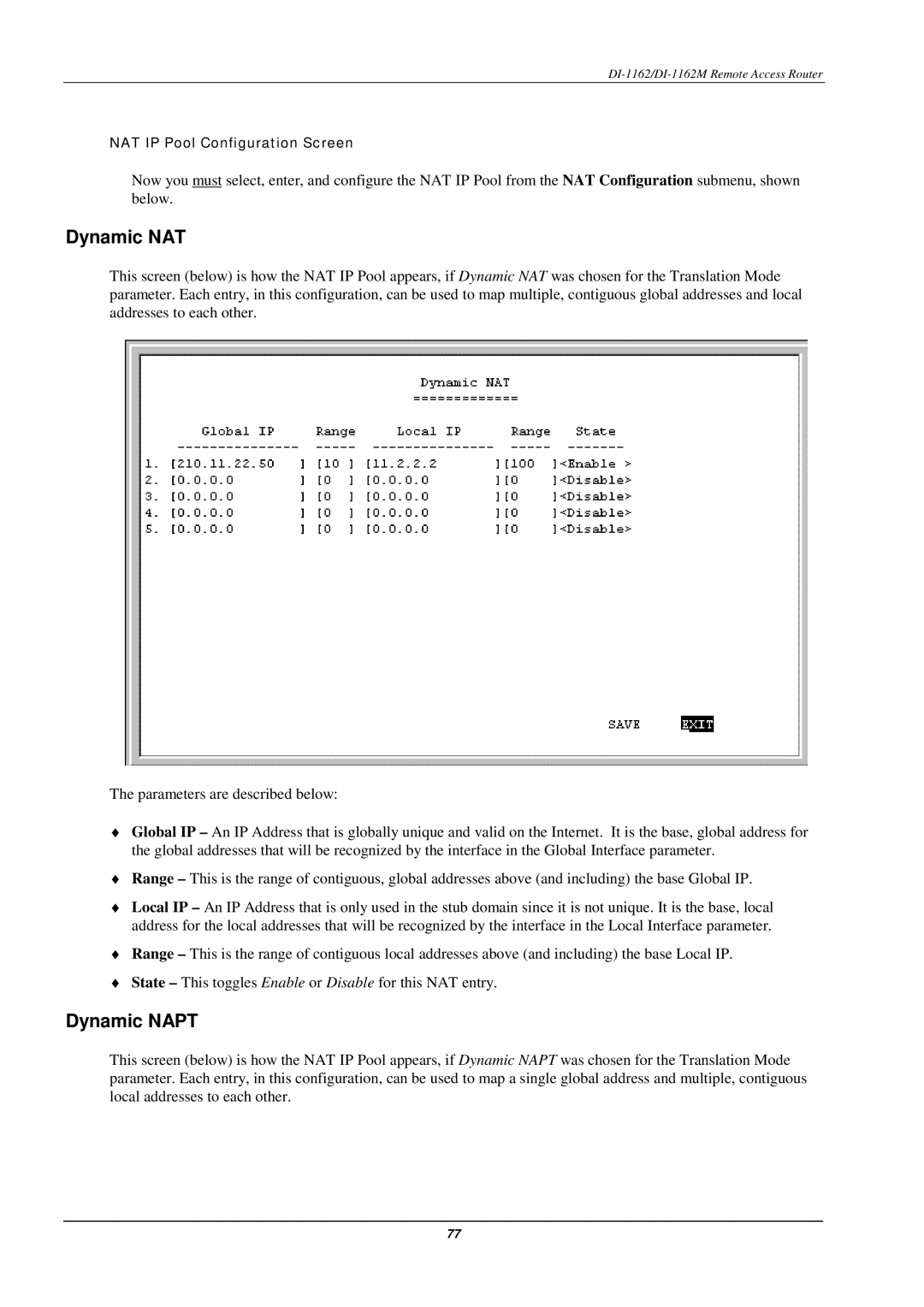 D-Link DI-1162M manual Dynamic NAT, Dynamic Napt 