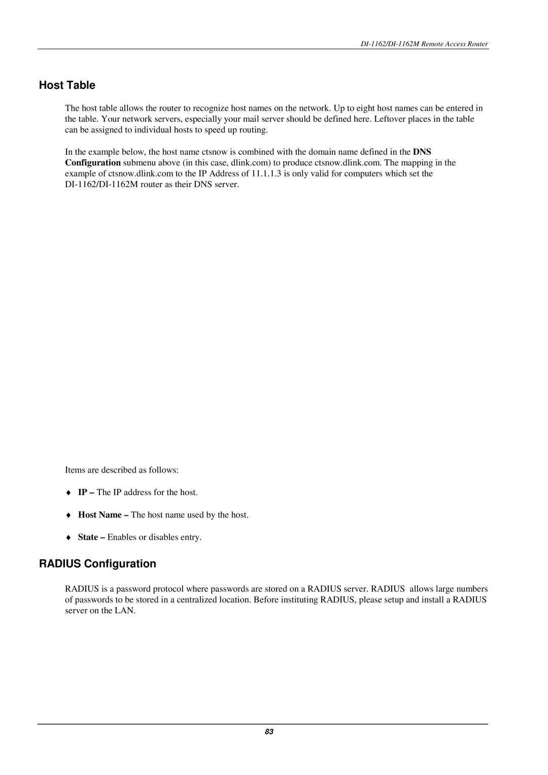 D-Link DI-1162M manual Host Table, Radius Configuration 