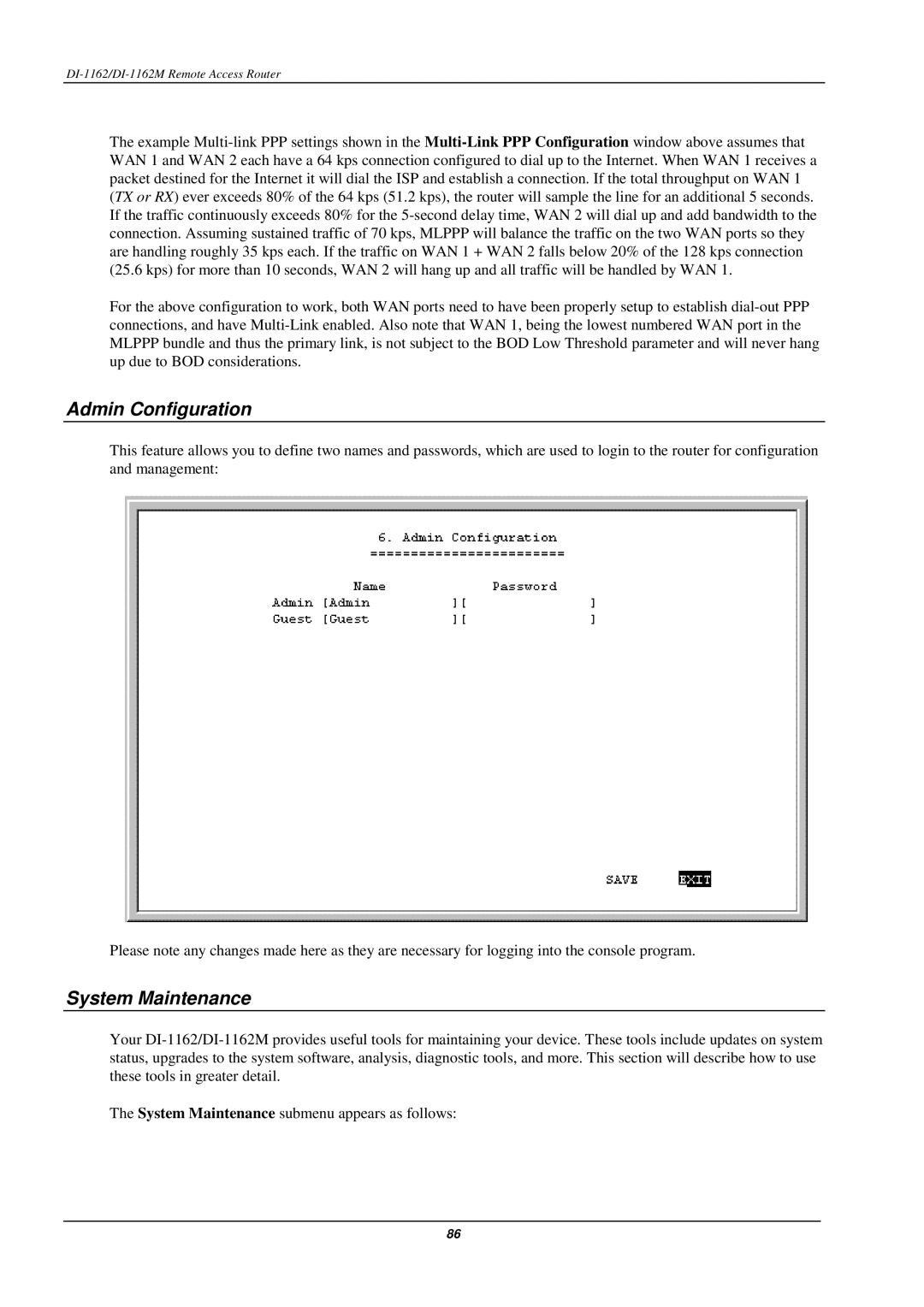 D-Link DI-1162M manual Admin Configuration, System Maintenance 