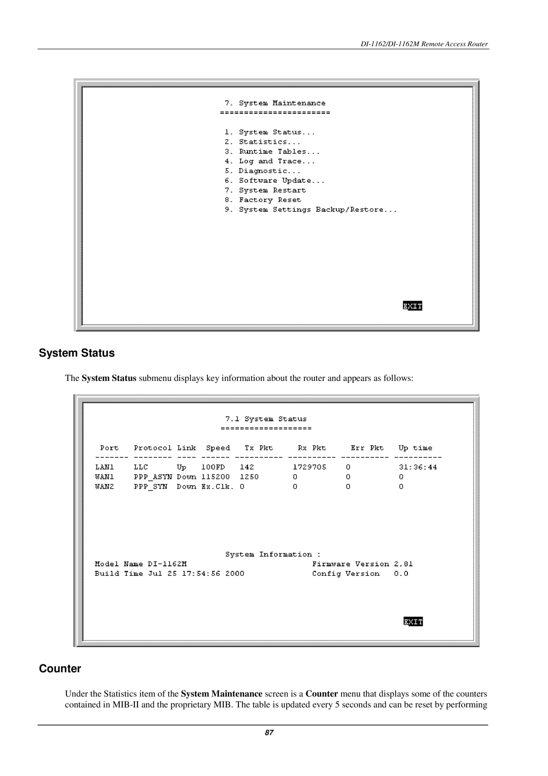 D-Link DI-1162M manual System Status, Counter 