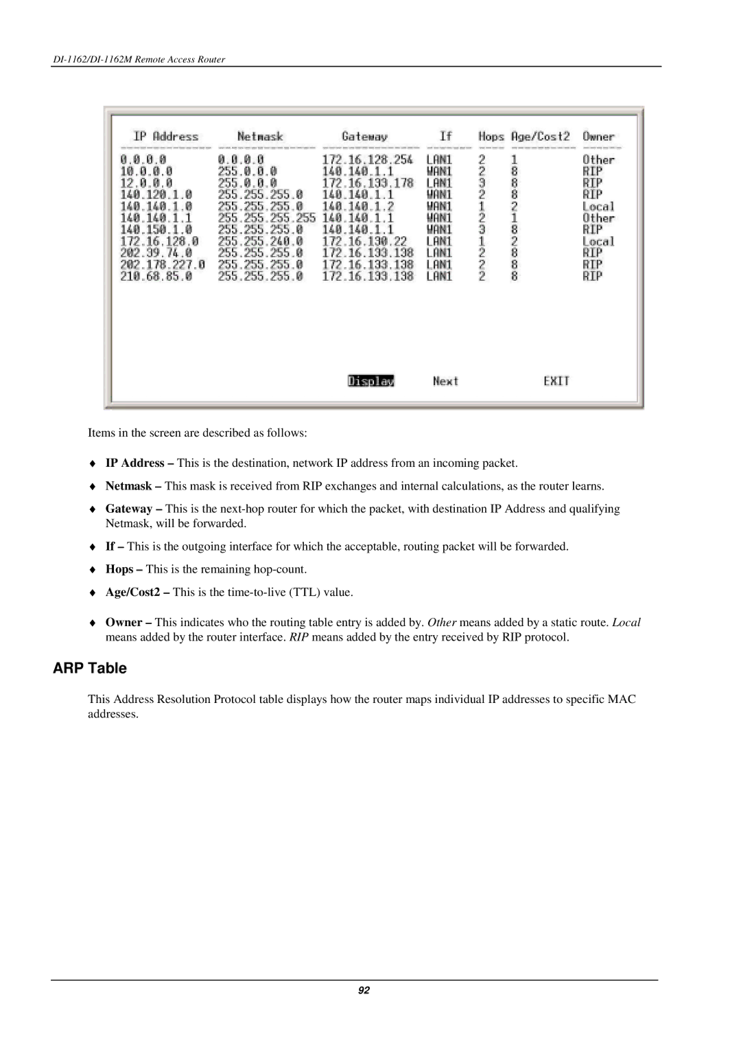 D-Link DI-1162M manual ARP Table 