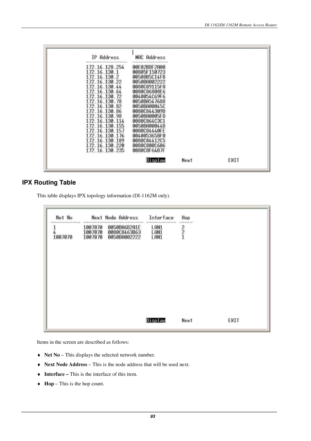 D-Link DI-1162M manual IPX Routing Table 