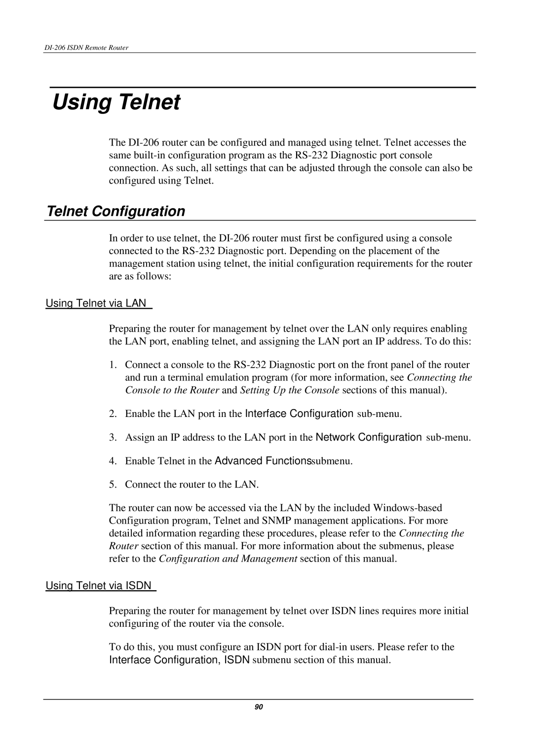 D-Link DI-206 manual Telnet Configuration, Using Telnet via LAN, Using Telnet via Isdn 