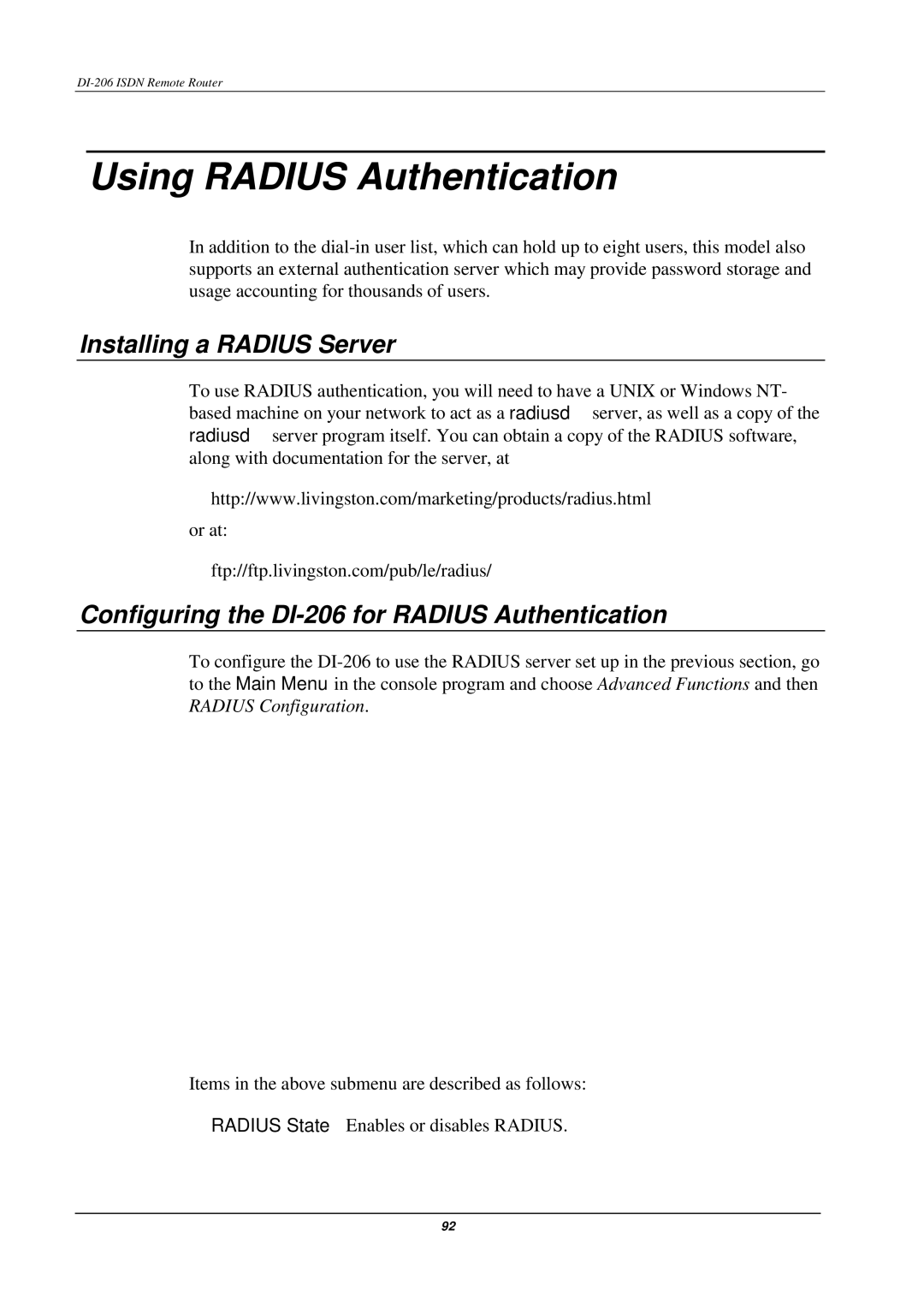 D-Link manual Using Radius Authentication, Installing a Radius Server, Configuring the DI-206 for Radius Authentication 