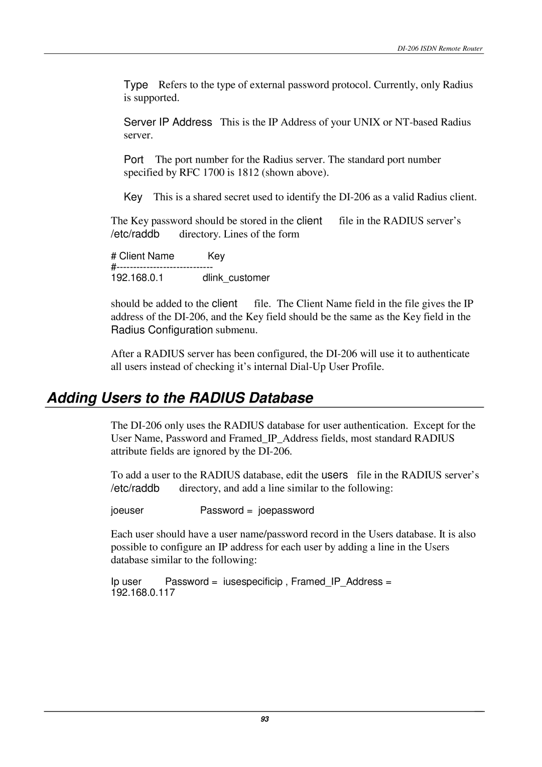 D-Link DI-206 manual Adding Users to the Radius Database 