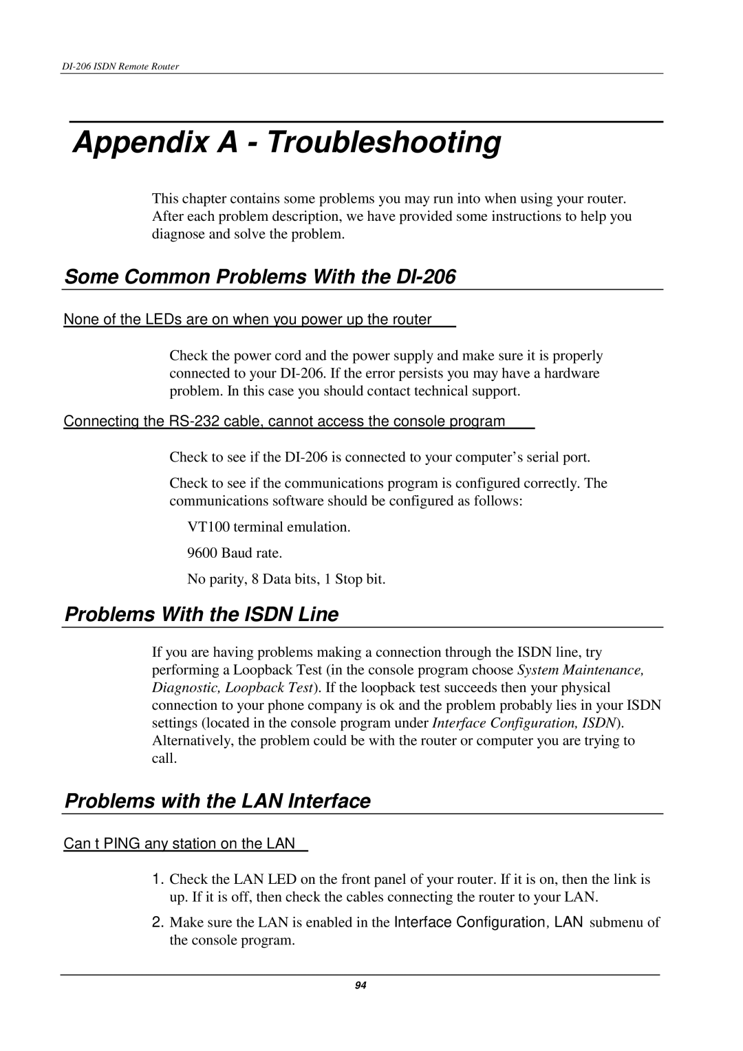 D-Link manual Appendix a Troubleshooting, Some Common Problems With the DI-206, Problems With the Isdn Line 