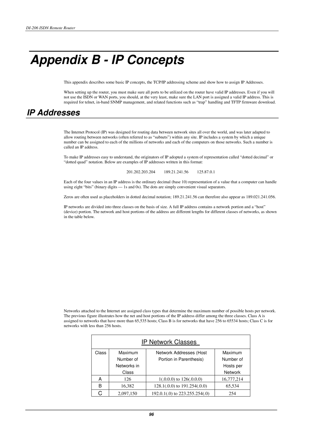 D-Link DI-206 manual Appendix B IP Concepts, IP Addresses, IP Network Classes 