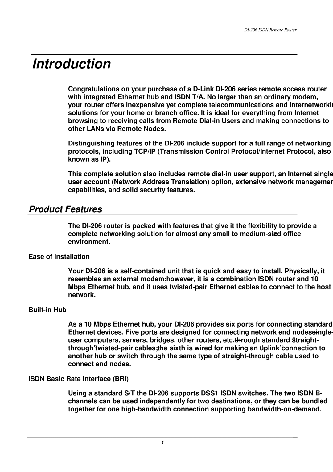 D-Link DI-206 manual Introduction, Product Features, Ease of Installation, Built-in Hub, Isdn Basic Rate Interface BRI 