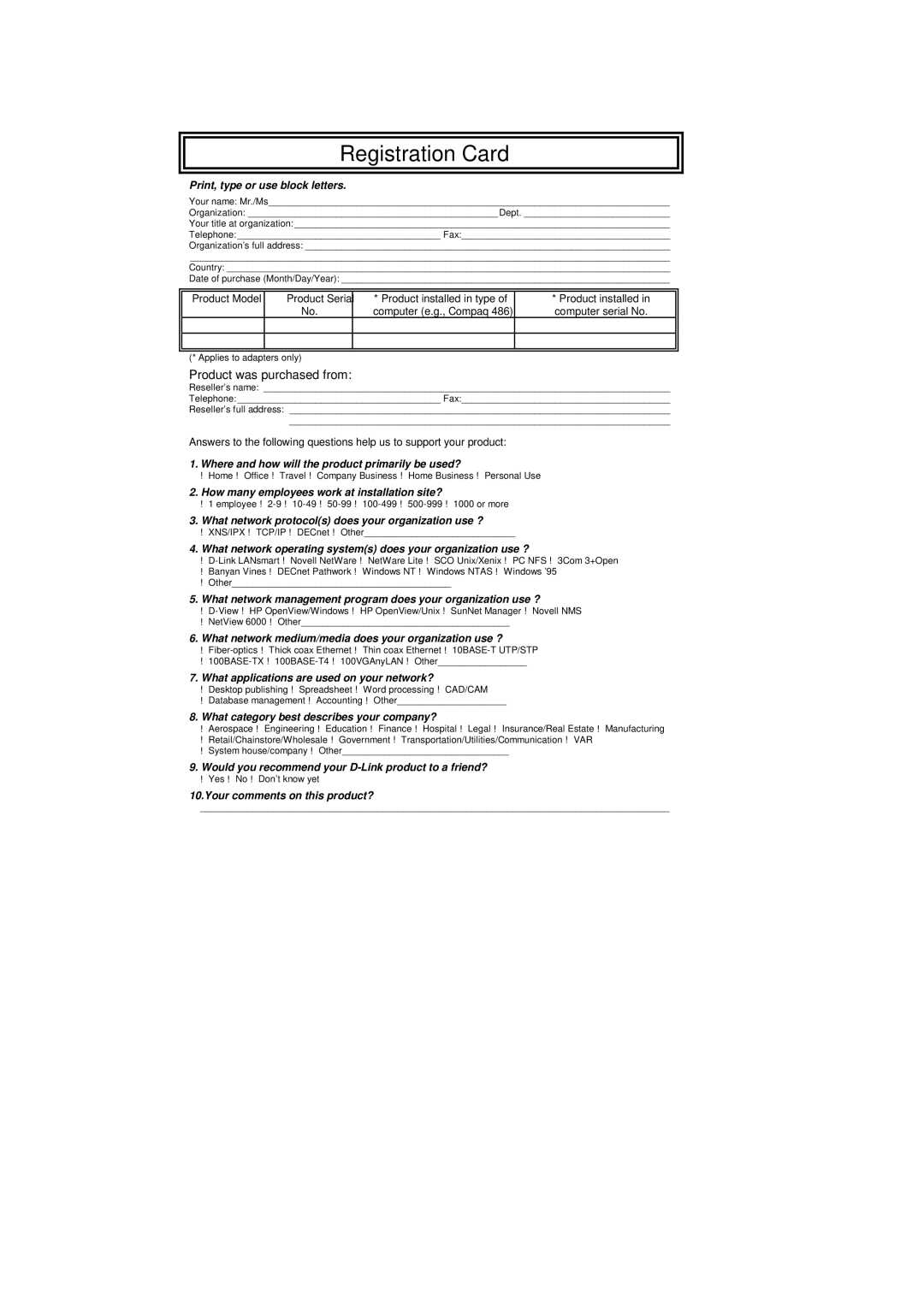 D-Link DI-206 manual Registration Card 