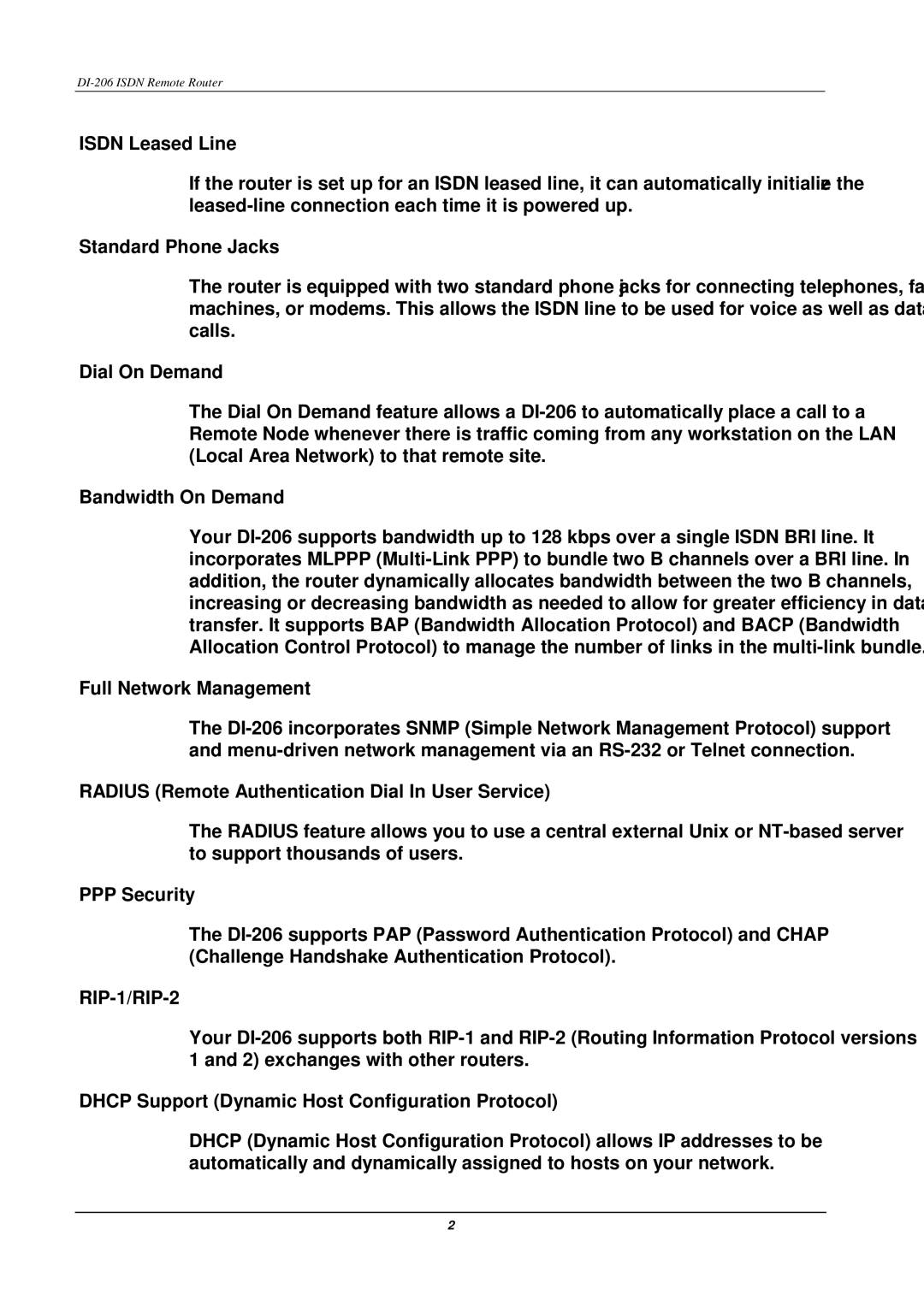 D-Link DI-206 manual Isdn Leased Line, Standard Phone Jacks, Dial On Demand, Bandwidth On Demand, Full Network Management 