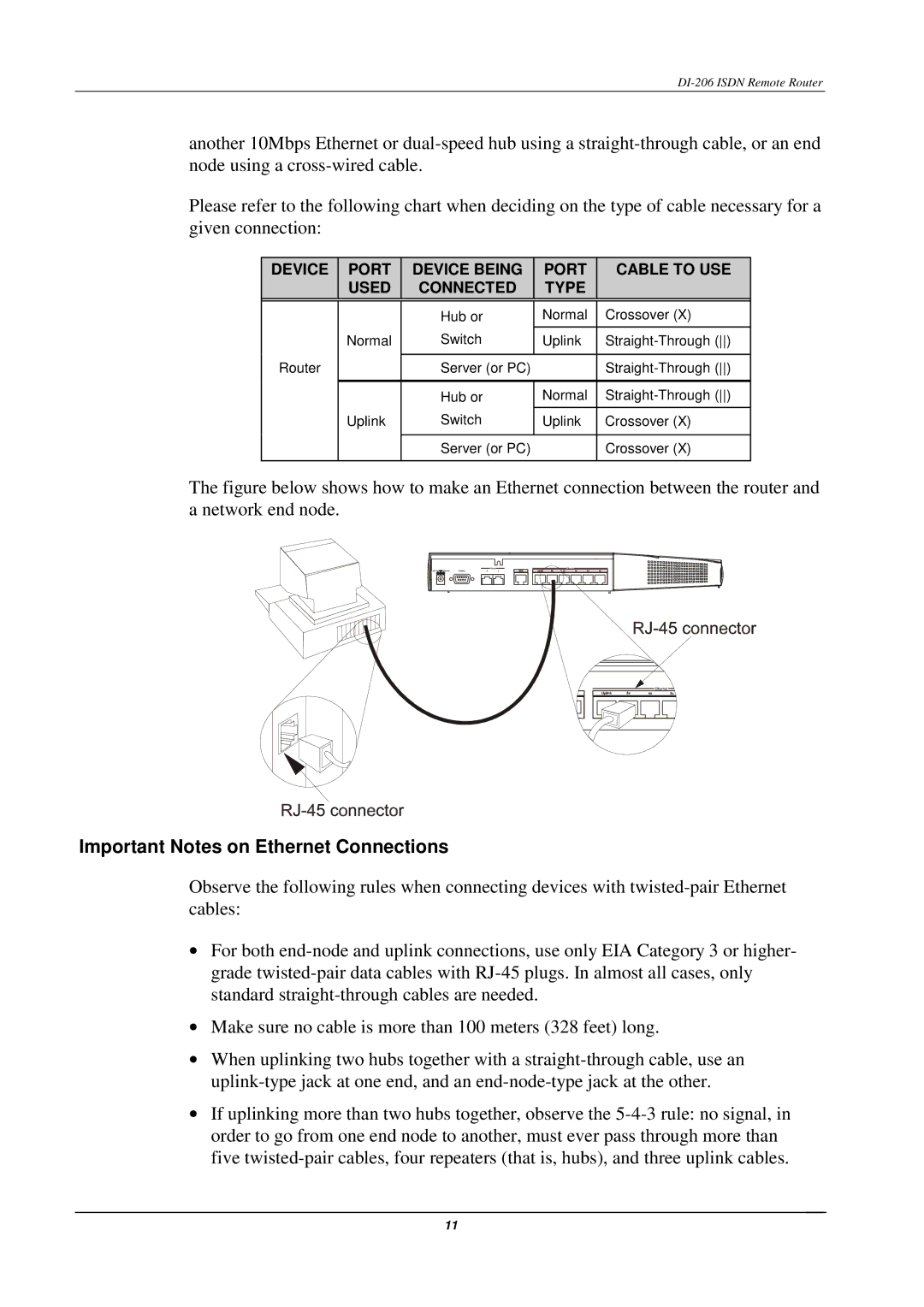 D-Link DI-206 manual Important Notes on Ethernet Connections, Device Port Device Being Cable to USE Used Connected Type 