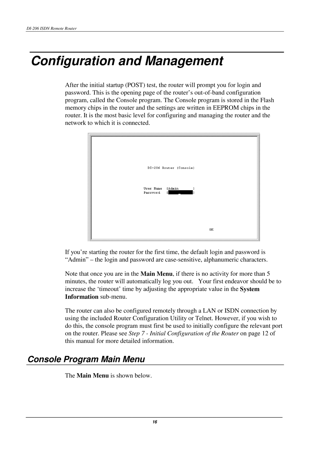 D-Link DI-206 manual Configuration and Management, Console Program Main Menu 