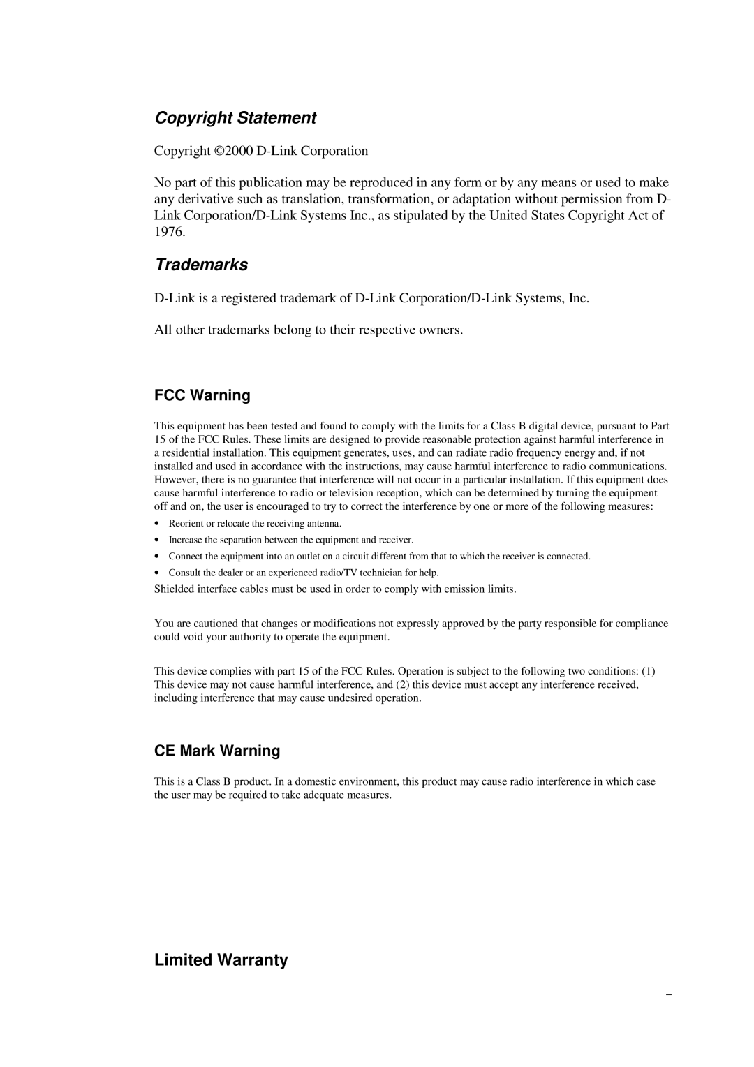 D-Link DI-206 manual FCC Warning, CE Mark Warning 