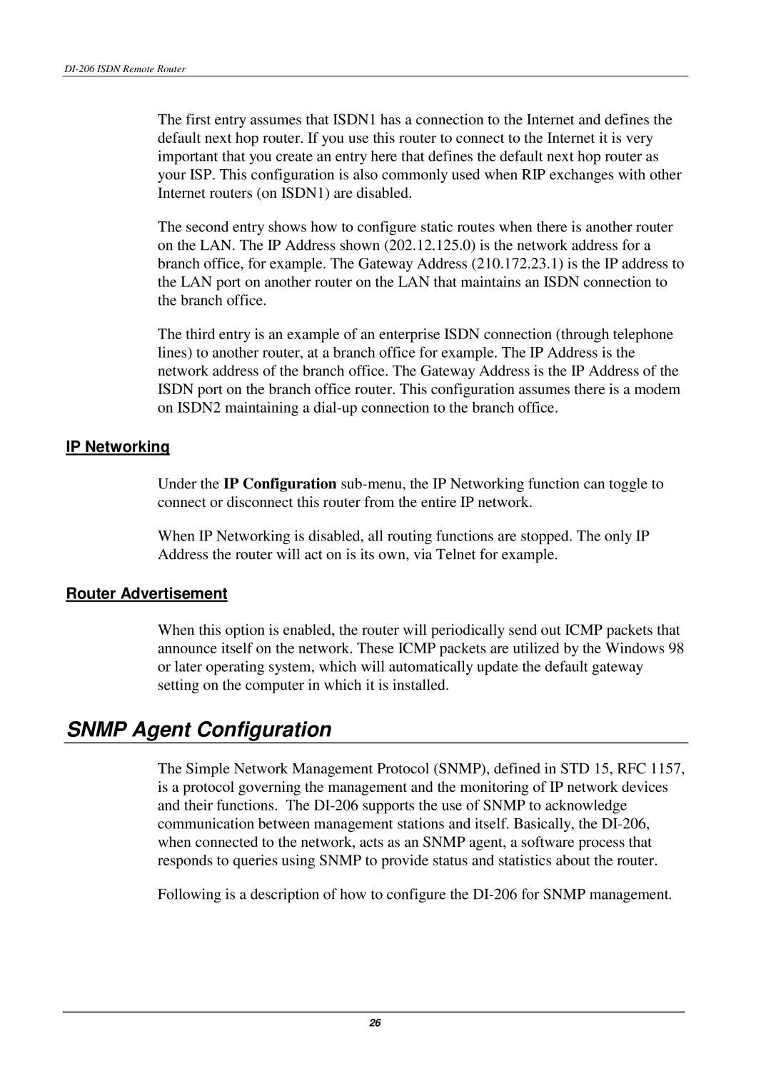 D-Link DI-206 manual Snmp Agent Configuration, IP Networking, Router Advertisement 