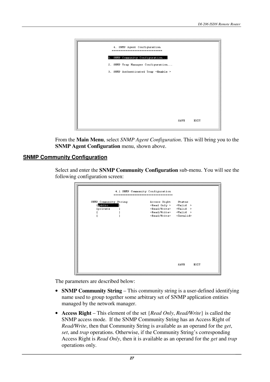 D-Link DI-206 manual Snmp Community Configuration 