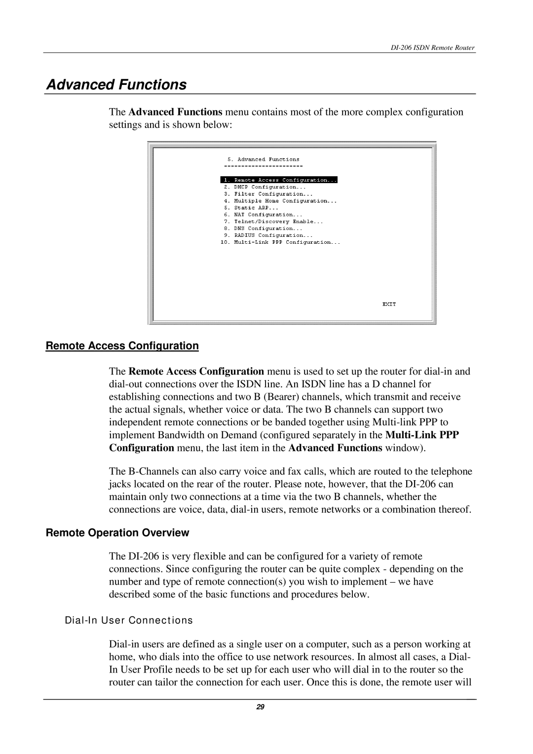 D-Link DI-206 manual Advanced Functions, Remote Access Configuration, Remote Operation Overview 