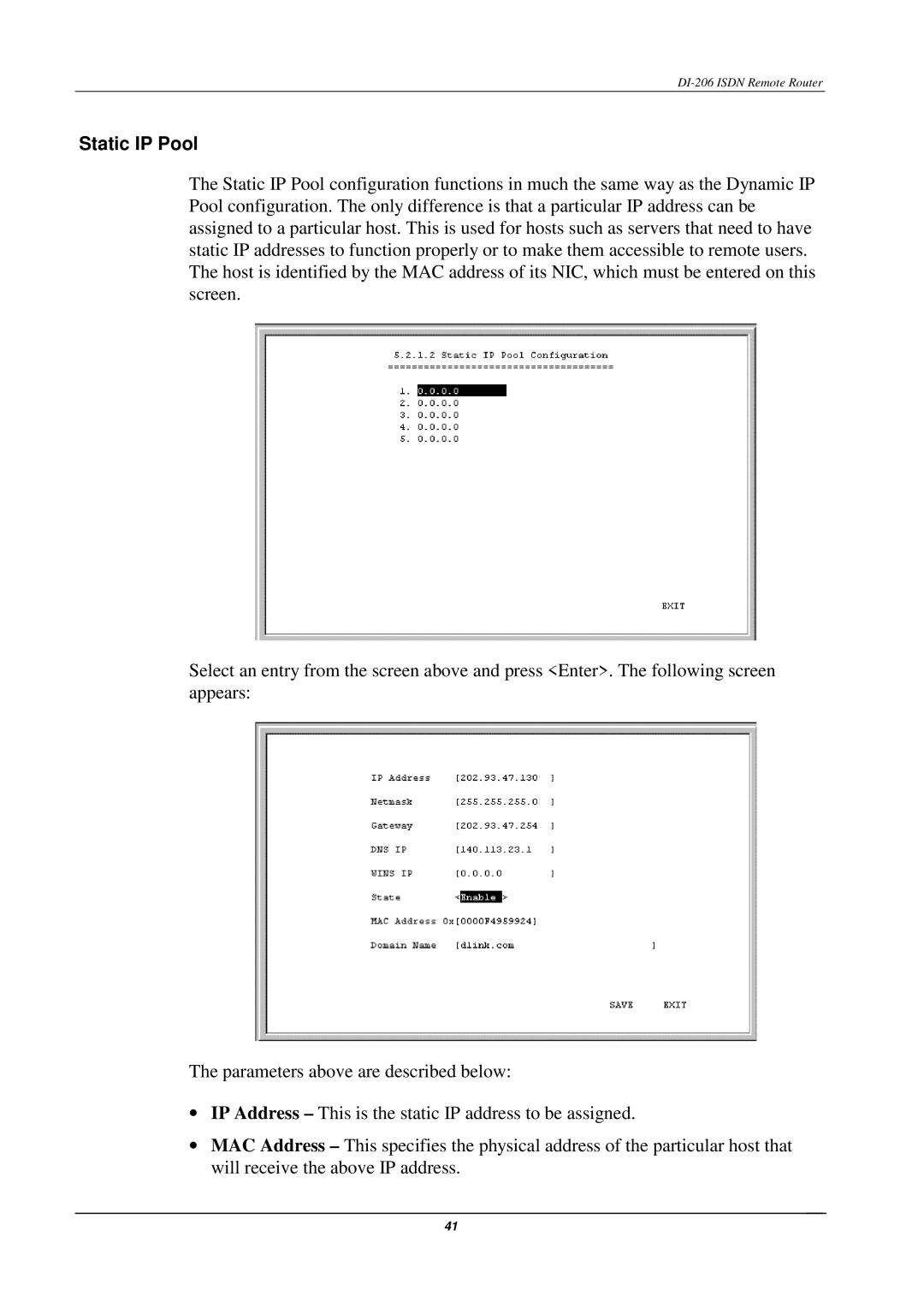 D-Link DI-206 manual Static IP Pool 